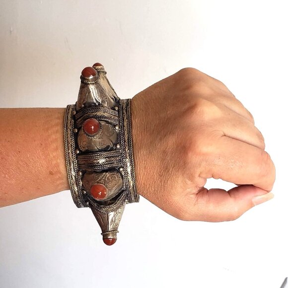 Tribal Ethnic CARNELIAN CUFF Bracelet Rustic Metal Natural Stone - Picture 2 of 14